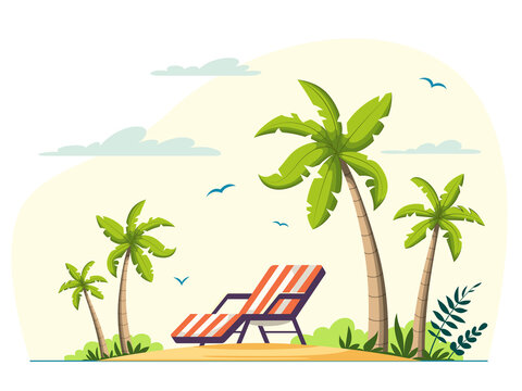 Summer vacation lounger on sea beach lansdscape. Vector illustration in cartoon style. 