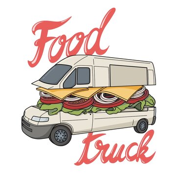 A surrealistic food truck. Perfect logo for your street food restaurant.