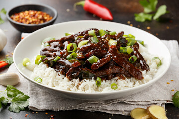 Mongolian beef stewed in dark soy sauce with spices. Asian style food
