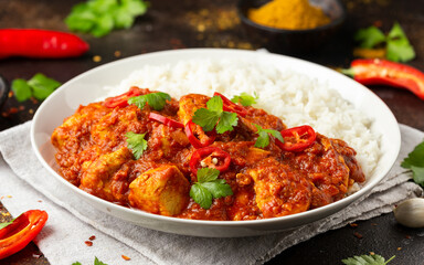 Spicy Chicken Pathia curry with basmati rice in a white plate. healthy food.