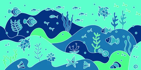 Fototapeten Seamless border underwater world, landscape with seaweed. Plants and fish in a flat cartoon style. Hand-drawn vector illustration © Надежда Аксенова