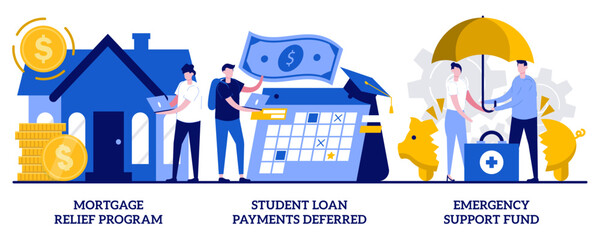 Mortgage relief program, student loan deferred payment, emergency response support fund concept with tiny people. Government help abstract vector illustration set. Financial hardship metaphor