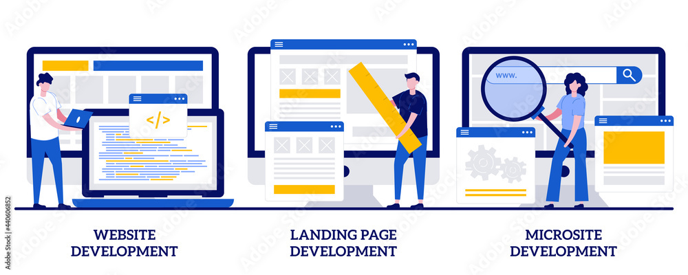 Poster website, landing page and microsite development concept with tiny people. webpage programming abstra