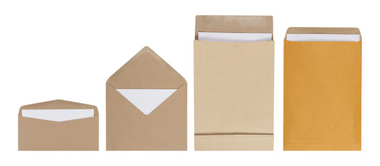 Set of brown envelope with blank paper sheet isolated on white background. Letter top view. Object...