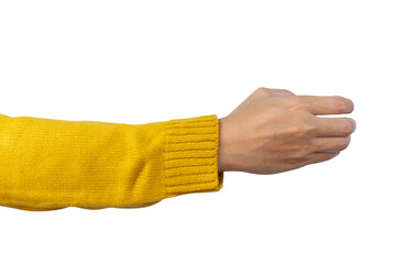 Woman hand show holding something like a bottle with yellow shirt isolated on white background....