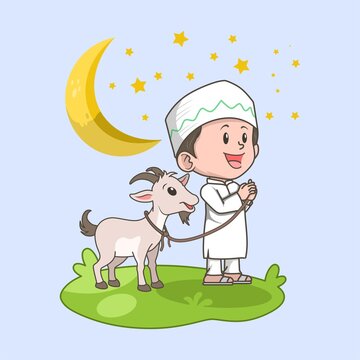 Eid Al-Adha Or Hari Raya Haji, Feast Of Sacrifice. Cute Muslim Cartoon With Goat. Kurban Flat Vector Illustration.