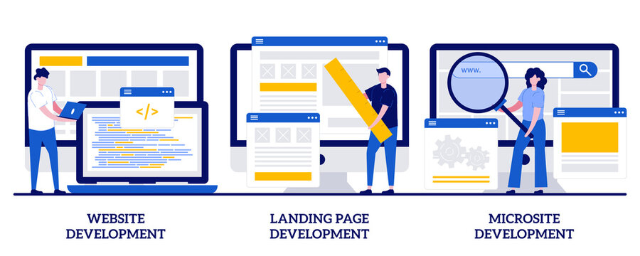 Website, landing page and microsite development concept with tiny people. Webpage programming abstract vector illustration set. Front and back end, design template, menu bar, user experience metaphor