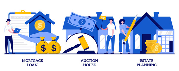 Mortgage loan, auction house, estate planning concept with tiny people. Residential and commercial property vector illustration set. Real estate services, down payment, attorney advise metaphor - obrazy, fototapety, plakaty