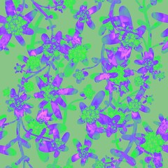Fototapeta na wymiar Pink, green, lilac, purple floral seamless pattern. Tropical exotic flowers on a blue background. Botanical endless background. Floral pattern for textiles, fabrics, packaging, once.