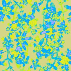 Fototapeta na wymiar Blue, yellow, pink floral seamless pattern. Tropical exotic flowers on a yellow background. Botanical endless background. Floral pattern for textiles, fabrics, packaging, once.