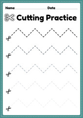 Preschool cutting practice kids to cut the paper with scissors to improve motor skills, coordination and develop small muscles for kindergarten children in a printable illustration page.
