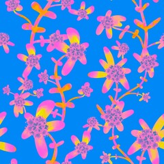 Pink, yellow flowers on a blue background. Tropical flowers seamless pattern. Exotic flowers.