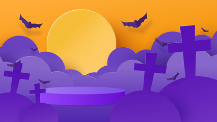 Halloween background. Nature with podium platform on purple background. Halloween sale promotion. Vector illustration