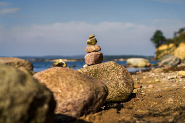 Cairns on the beach near Reddevitzer Hoeft on Ruegen Island, Mecklenburg-Western Pomerania, Germany