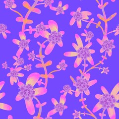 Pink floral seamless pattern. Tropical exotic flowers on a lilac background. Botanical endless background. Floral pattern for textiles, fabrics, packaging, once.