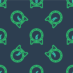 Line Wooden barrel on rack with stopcock icon isolated seamless pattern on blue background. Vector