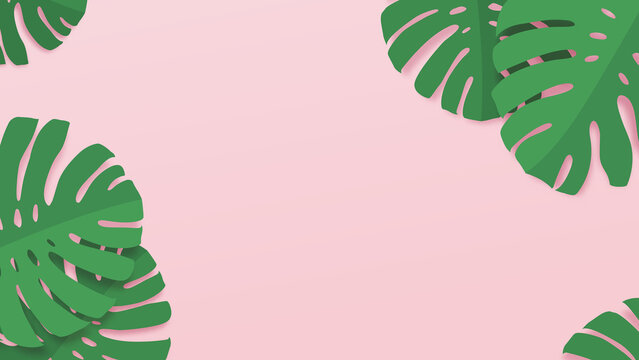 Tropical leaves with copy space for show product on pink background. Paper cut and craft style illustration. Top view and copy space. Summertime