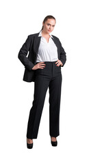 Full length shot of attractive confident young business woman in formal black suit with white shirt isolated over white background. Hands on waist.