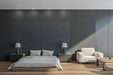 Grey and wooden bedroom interior with bed and linens, armchair and mockup