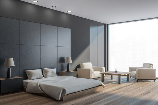 Grey and wooden bedroom interior with bed and armchairs near window, mockup