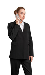 Business Woman in black suit with smartphone calling, standing pensive. Isolated on white background. Concept of business consulting and advisory