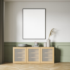 Light living room interior with drawer and decoration, mock up poster
