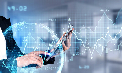 Businesswoman finger touch tablet display. Stock market changes candlesticks, data information icons and rising graph. Concept of finance and technology. Globe and digital interface