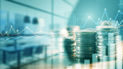 Financial investment concept, Double exposure of stack of coins and city for finance investor,...