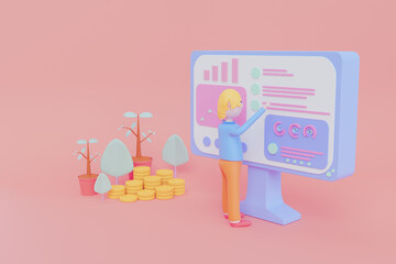 Cartoon character businessman using modern computer,analysis growth business statistics monitor diagram stock market trading chart,financial data and marketing content strategy,3d render illustration