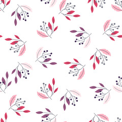 Isolated bright floral seamless pattern with decorative berries and leaves silhouettes. White background.