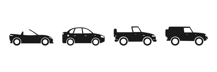 Car icon set. Black automobile silhouette. Auto symbol collection. Transportation sport concept. Vector isolated