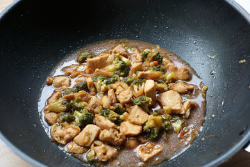 Stir-fried chicken with broccoli. Indonesian homemade food                                      