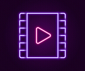 Glowing neon line Play Video icon isolated on black background. Film strip with play sign. Colorful outline concept. Vector