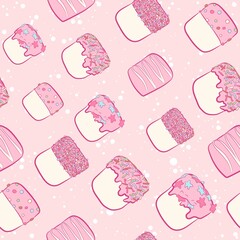 Kawaii seamless pattern with white marshmallows, pink frosting and colorful sprinkles. All over print and repeat background with sweets for kids and babies. Soft and fluffy snack texture.