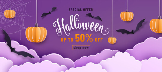 Happy Halloween vector banner illustration or party invitation background with sale offer text sign, night clouds, pumpkins, spider web and bats in 3d paper cut style