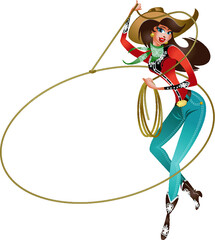 cowgirl with lasso doing rope trick - obrazy, fototapety, plakaty