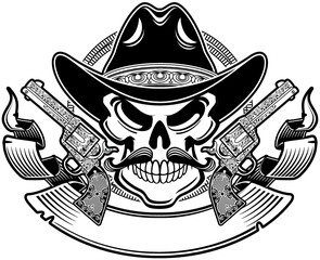 wild west cowboy skeleton skull with guns 