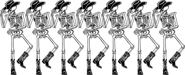 row of human skeleton western line dancing - obrazy, fototapety, plakaty