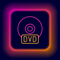 Glowing neon line CD or DVD disk icon isolated on black background. Compact disc sign. Colorful outline concept. Vector