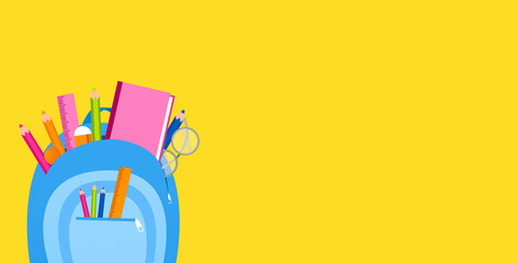 School backpack with supplies on yellow background, Back to school concept, vector illustration