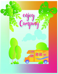 Enjoy camping postcard, banner, social media poster with a campervan, leaves, trees.