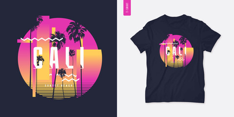 Sunset beach California graphic t-shirt design with palm tress, summer retro print, vector illustration