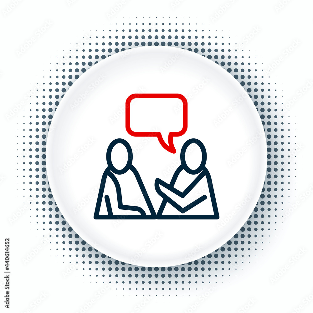 Poster line two sitting men talking icon isolated on white background. speech bubble chat. message icon. co