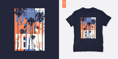 Fototapeta premium Beach California graphic t-shirt summer design with palm trees, vector illustration