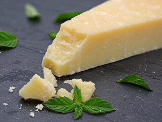 Pieces of delicious parmesan cheese on dark slate plate with green mint leaves, macro shot of parmigiano reggiano