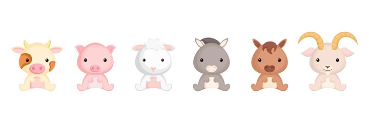 Cute sitting baby animals in cartoon style. Collection farm animals characters for kids cards, baby shower, birthday invitation, house interior. Bright colored childish vector illustration.