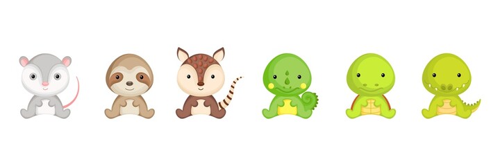 Fototapeta premium Cute sitting baby animals in cartoon style. Collection exotic animals characters for kids cards, baby shower, birthday invitation, house interior. Bright colored childish vector illustration.