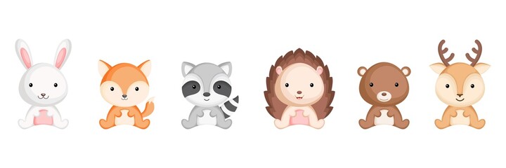 Fototapeta premium Cute sitting baby animals in cartoon style. Collection woodland animals characters for kids cards, baby shower, birthday invitation, house interior. Bright colored childish vector illustration.