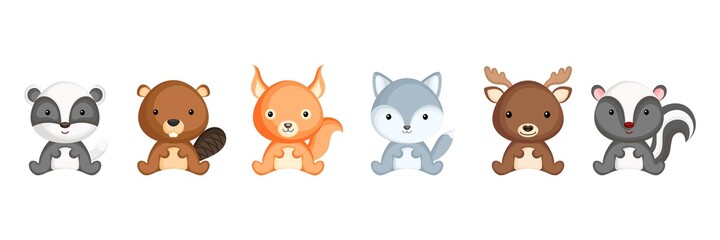Cute sitting baby animals in cartoon style. Collection woodland animals characters for kids cards, baby shower, birthday invitation, house interior. Bright colored childish vector illustration. © Jexy