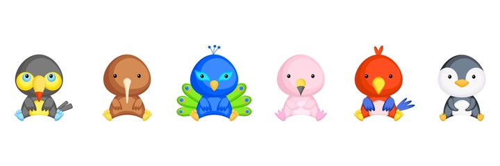 Cute sitting baby animals in cartoon style. Collection tropical birds characters for kids cards, baby shower, birthday invitation, house interior. Bright colored childish vector illustration.